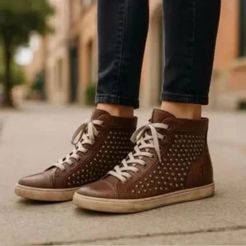 Rare Women's Frye Brown Leather Studded High Top Sneakers Size 7.5 EUC